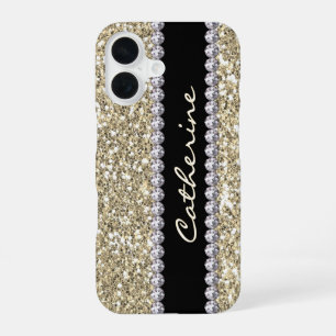 Coque iPhone 16 Pierres scintillantes dorées avec nom et monogramm