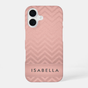 Coque iPhone 16 Pink & Black Chevron Faux Rose Gold Foil Monogramm