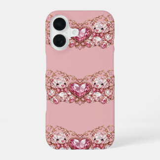 Coque iPhone 16 Pink Crystal Teddy Bears with Gem Heart