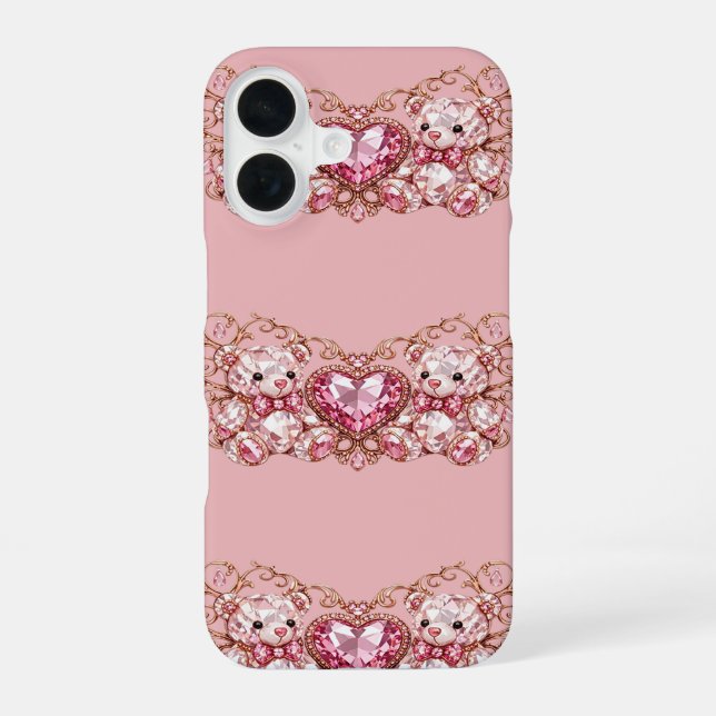 Coque iPhone 16 Pink Crystal Teddy Bears with Gem Heart (Verso)