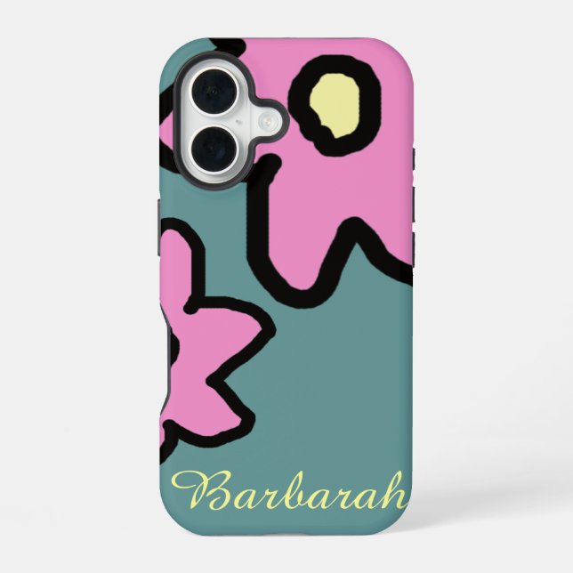 Coque iPhone 16 pink flowers with custom name (Verso)