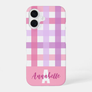Coque iPhone 16 Pink Purple Pastel En vichy Motif Monogramme