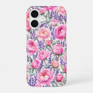 Coque iPhone 16 Pivoines roses & Lavande Motif floral aquarelle
