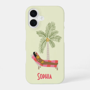 Coque iPhone 16 Plage de palmiers tropicaux Fille Nom personnalisé