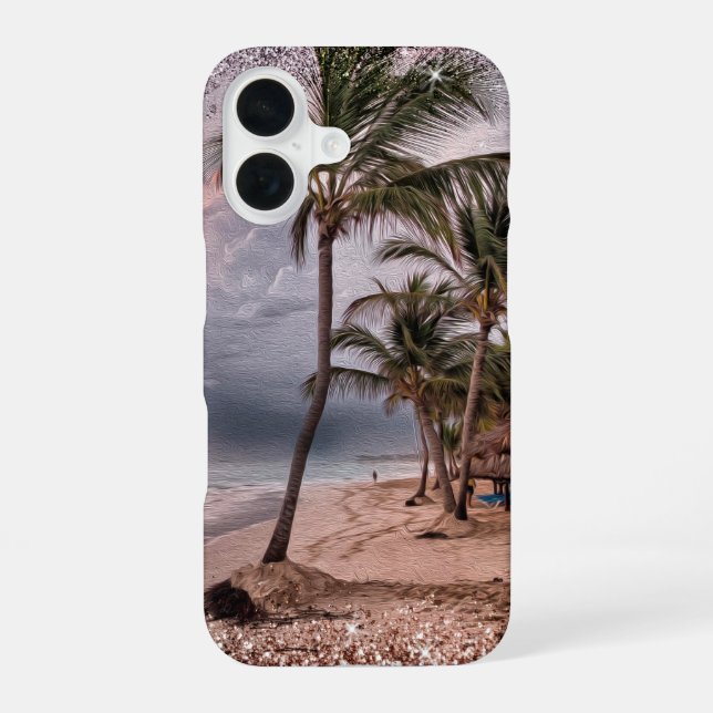 Coque iPhone 16 Plage orageuse avec palmiers (Verso)