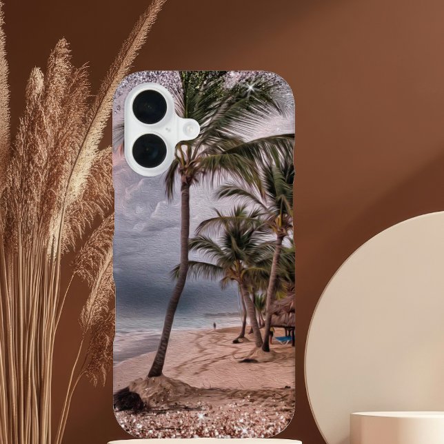 Coque iPhone 16 Plage orageuse avec palmiers (Stormy Beach with Palm Trees Phone Case)