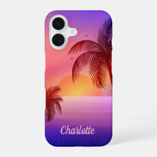 Coque iPhone 16 Plage tropicale violette au coucher du soleil