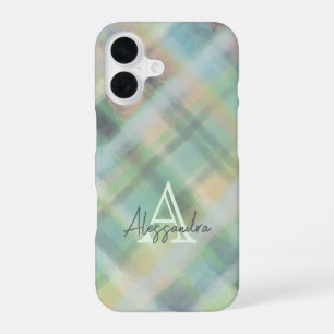 Coque iPhone 16 Plaid monogramme vert pastel gris jaune sarcelle