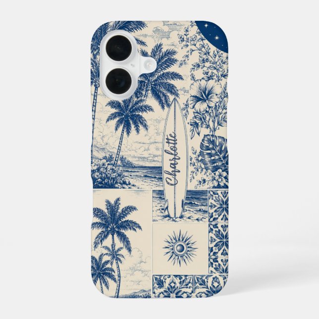 Coque iPhone 16 Planche de surf tropicale bleue  (Verso)