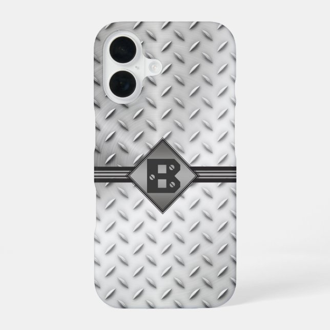 Coque iPhone 16 Plaque de métal diamanté Monogramme (Verso)