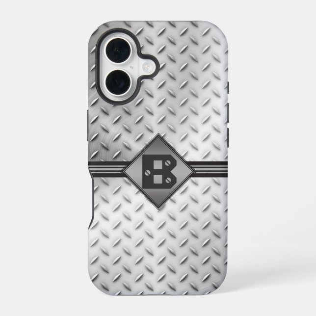 Coque iPhone 16 Plaque en acier à motif diamant avec monogramme (Verso)