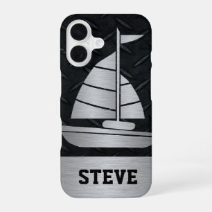 Coque iPhone 16 Plaque en diamant noir robuste Argent Nom du batea