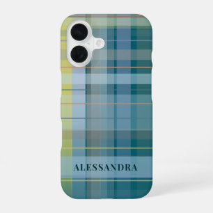 Coque iPhone 16 Plaque personnalisée Nom Carreaux Bleu Sarcelle Él