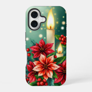 Coque iPhone 16 poinsettias et baies de houx vibrantes