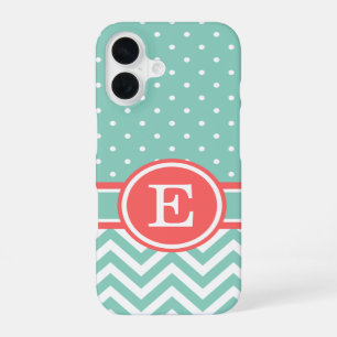 Coque iPhone 16 Points Chevron Coral et Aqua Preppy Monogramme