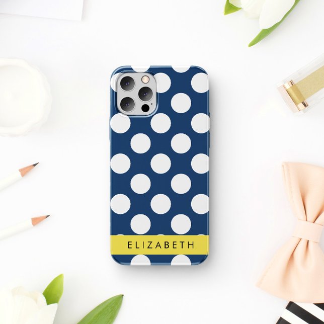 Coque iPhone 16 Points de bleu marine, Motif à pois, Votre nom (Créateur téléchargé)