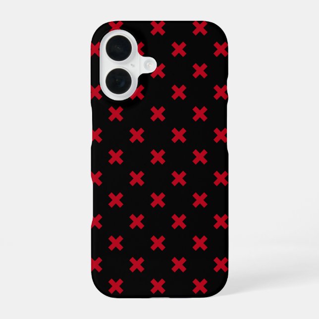 Coque iPhone 16 Points de croix rouges sur fond noir (Verso)