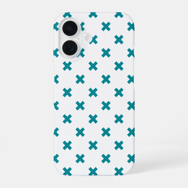 Coque iPhone 16 Points de croix sarcelle sur fond blanc (Verso)
