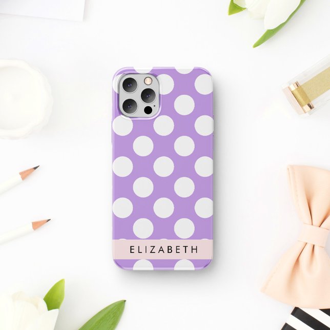Coque iPhone 16 Points de polka violets, motif à pois, Votre Nom (Créateur téléchargé)