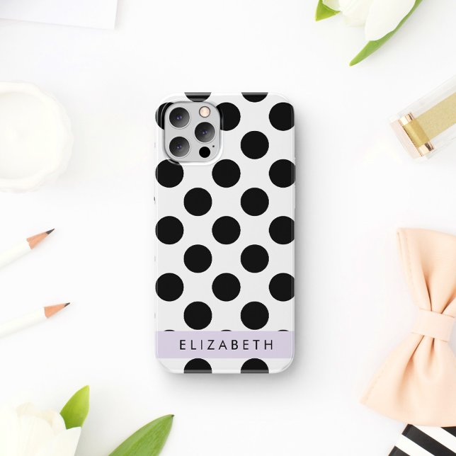 Coque iPhone 16 Points noirs et blancs, Pointillés, Votre nom (Créateur téléchargé)