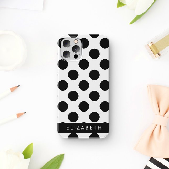 Coque iPhone 16 Points noirs et blancs, Pointillés, Votre Nom (Créateur téléchargé)