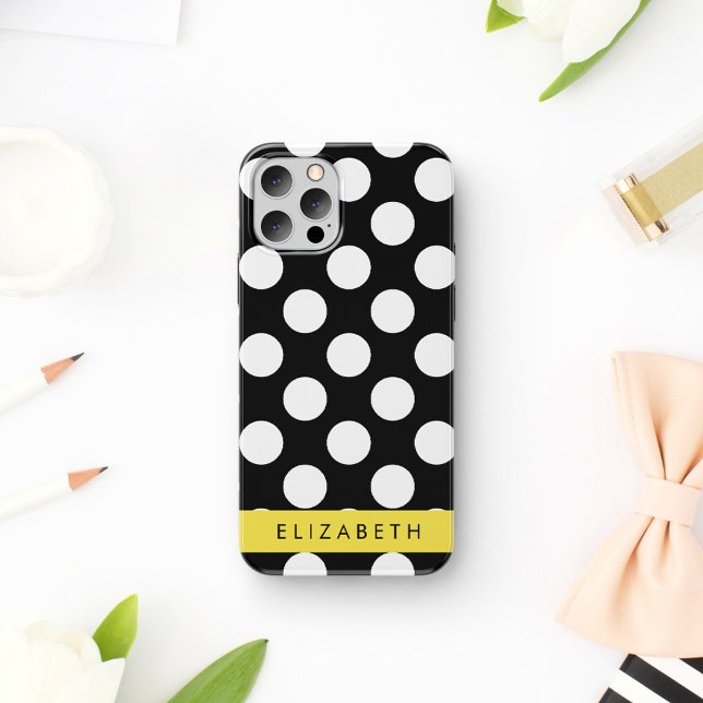 Coque iPhone 16 Points noirs et blancs, Pointillés, Votre nom (Créateur téléchargé)