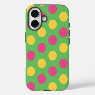 Coque iPhone 16 Points polka en vert citron rose vif et jaune