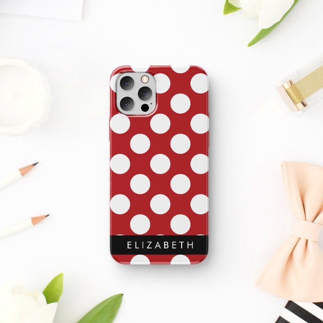 Coque iPhone 16 Points rouges, Motif à pois, Votre nom (Créateur téléchargé)