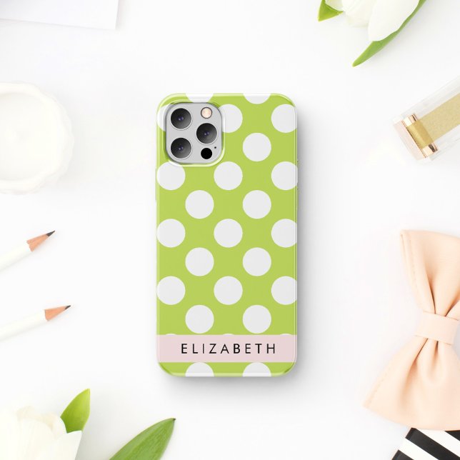 Coque iPhone 16 Points verts, Motif à pois, Votre nom (Créateur téléchargé)