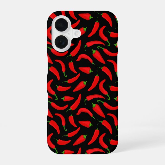 Coque iPhone 16 Poivrons rouges sur fond noir (Verso)