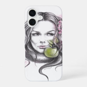 Coque iPhone 16 Portrait de femme avec pomme et fleur Art surréali