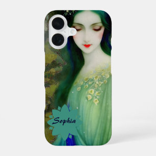 Coque iPhone 16 Portrait de femme élégante de fantaisie en vert et