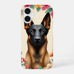 Coque iPhone 16 Portrait élégant de Berger Allemand floral