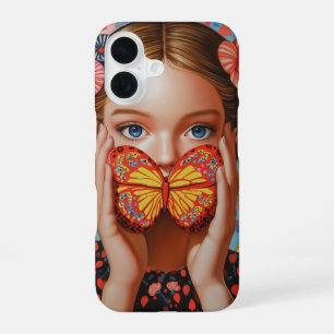Coque iPhone 16 Portrait Papillon Fille dans un monde floral merve