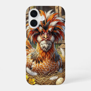 Coque iPhone 16 Poulailler à thème orange et blanc pour poules pol