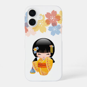 Coque iPhone 16 Poupée Kokeshi d'été - Fille Geisha en Kimono Jaun