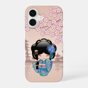 Coque iPhone 16 Poupée Kokeshi Keiko - Fille Geisha en Kimono Bleu
