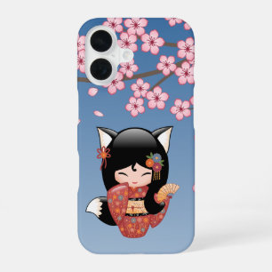 Coque iPhone 16 Poupée Kokeshi Kitsune - Fille Geisha Renard Noir