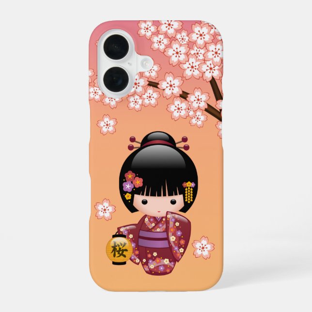 Coque iPhone 16 Poupée Kokeshi Sakura - Fille Geisha sur Pêche (Verso)