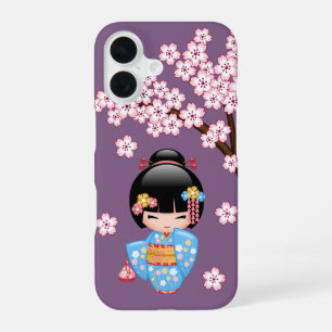 Coque iPhone 16 Poupée Maiko Kokeshi - Fille Geisha en Kimono Bleu
