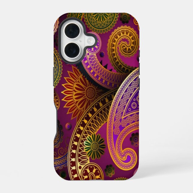 Coque iPhone 16 Pourpre Vert Paisley (Verso)
