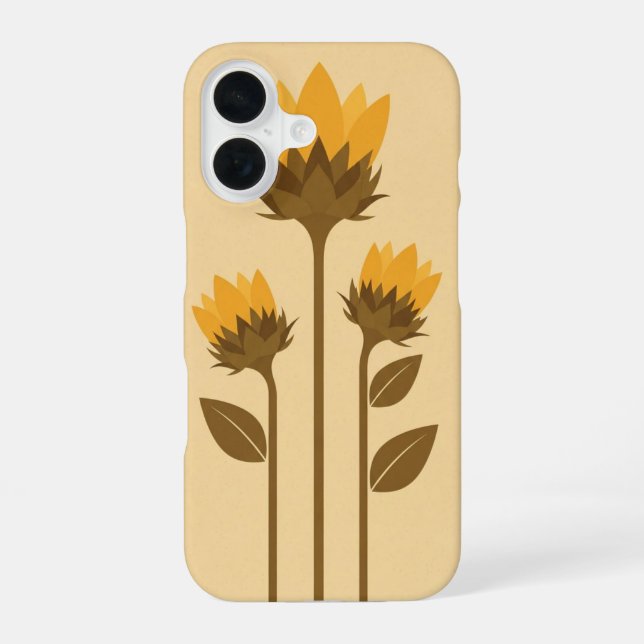 Coque iPhone 16 Pousses de tournesol stylisées rétro (Verso)