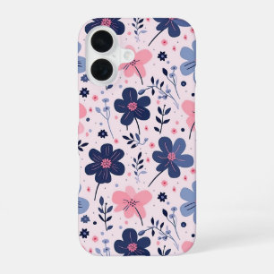 Coque iPhone 16 Prairie de fleurs sauvages rose pâle et bleue - es