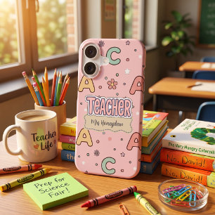 Coque iPhone 16 Professeur lettres roses motif scolaire