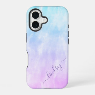 Coque iPhone 16 Purple Turquoise Tie Dye Calligraphie Nom personna