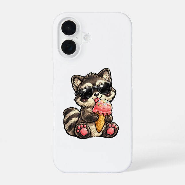 Coque iPhone 16 Raton laveur mignon avec glace et lunettes de sole (Verso)