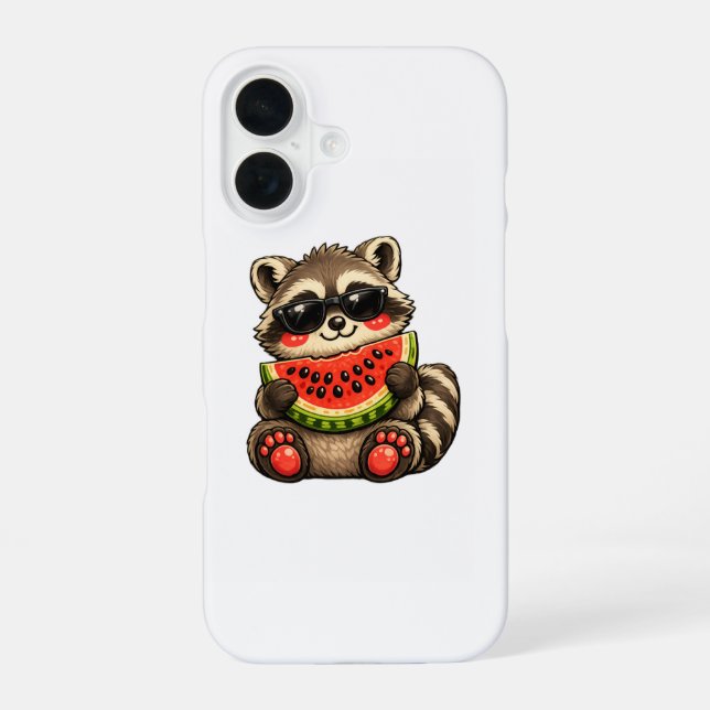 Coque iPhone 16 Raton laveur mignon avec pastèque (Verso)