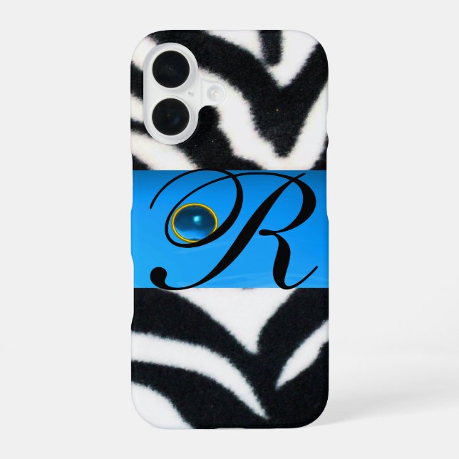 COQUE iPhone 16 RAYURE ZÈBRE NOIR BLANC FOURRURE AQUA BLEU MONOGRA (Verso)