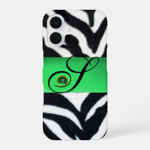 COQUE iPhone 16 RAYURE ZÈBRE NOIR BLANC FOURRURE ÉMERAUDE VERTE MO