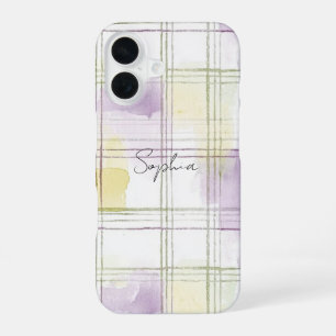 Coque iPhone 16 Rayures à carreaux violet jaune blanc
